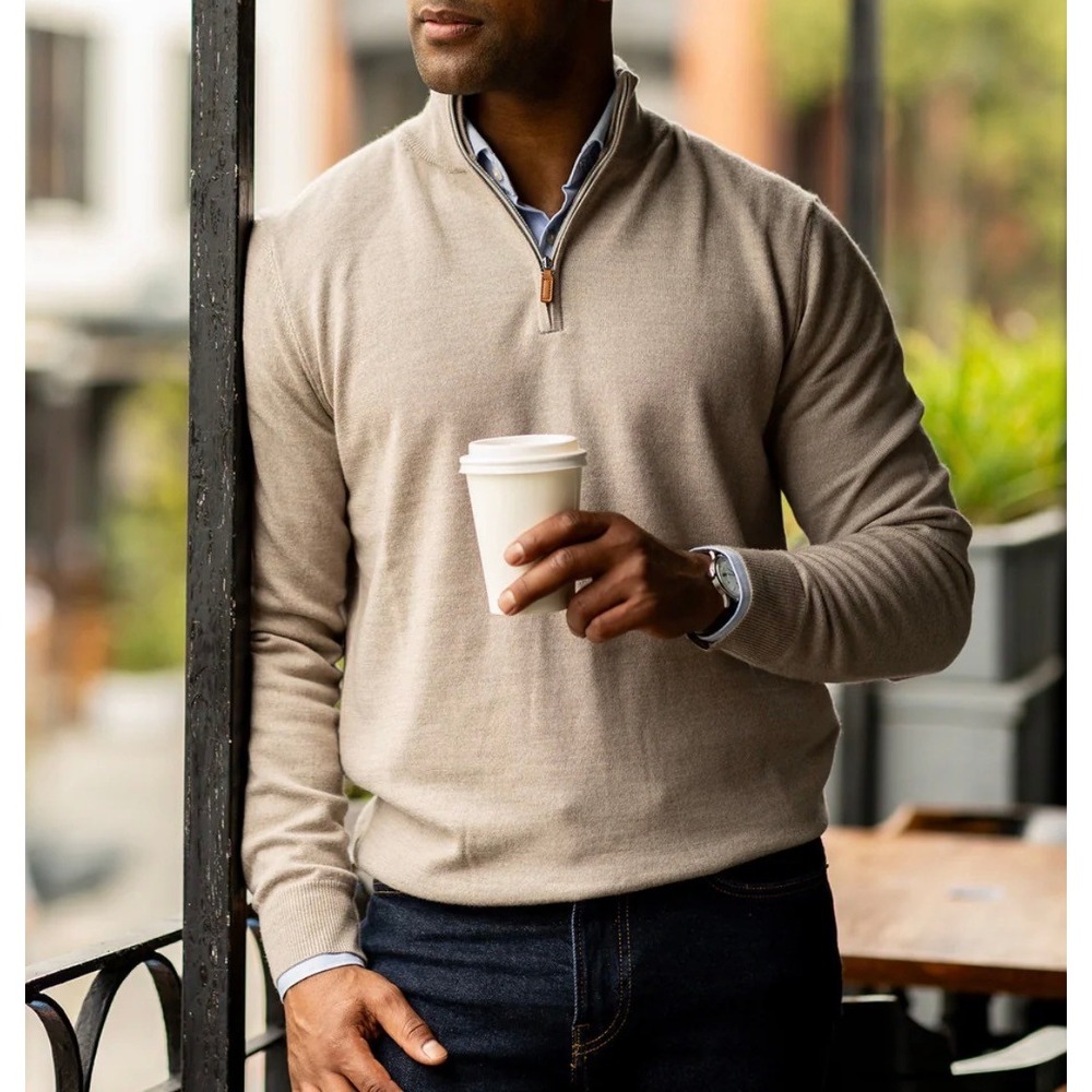 Collars & Co Men's Tan Quarter Zip Australian Merino Wool Soft Sweater XXL New